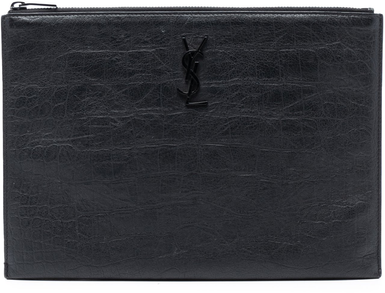 Saint Laurent Croc Embossed Leather Monogram Clutch Zwart