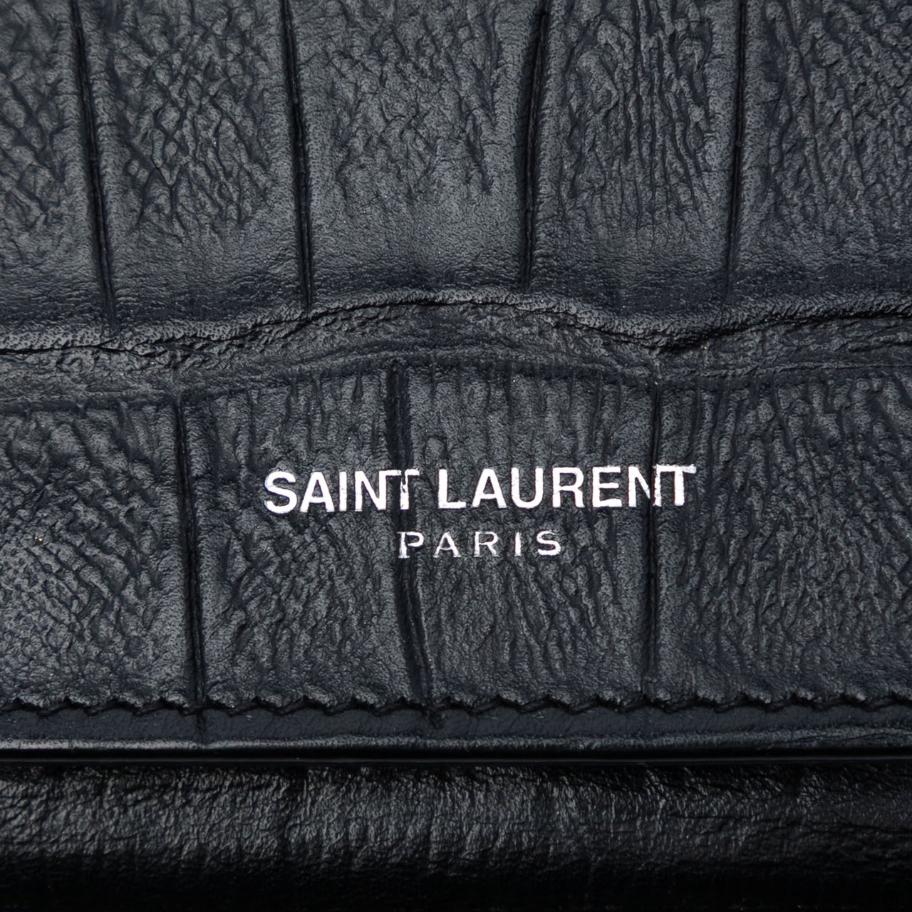 Saint Laurent Croc Embossed Leather Wallet On Chain Zwart