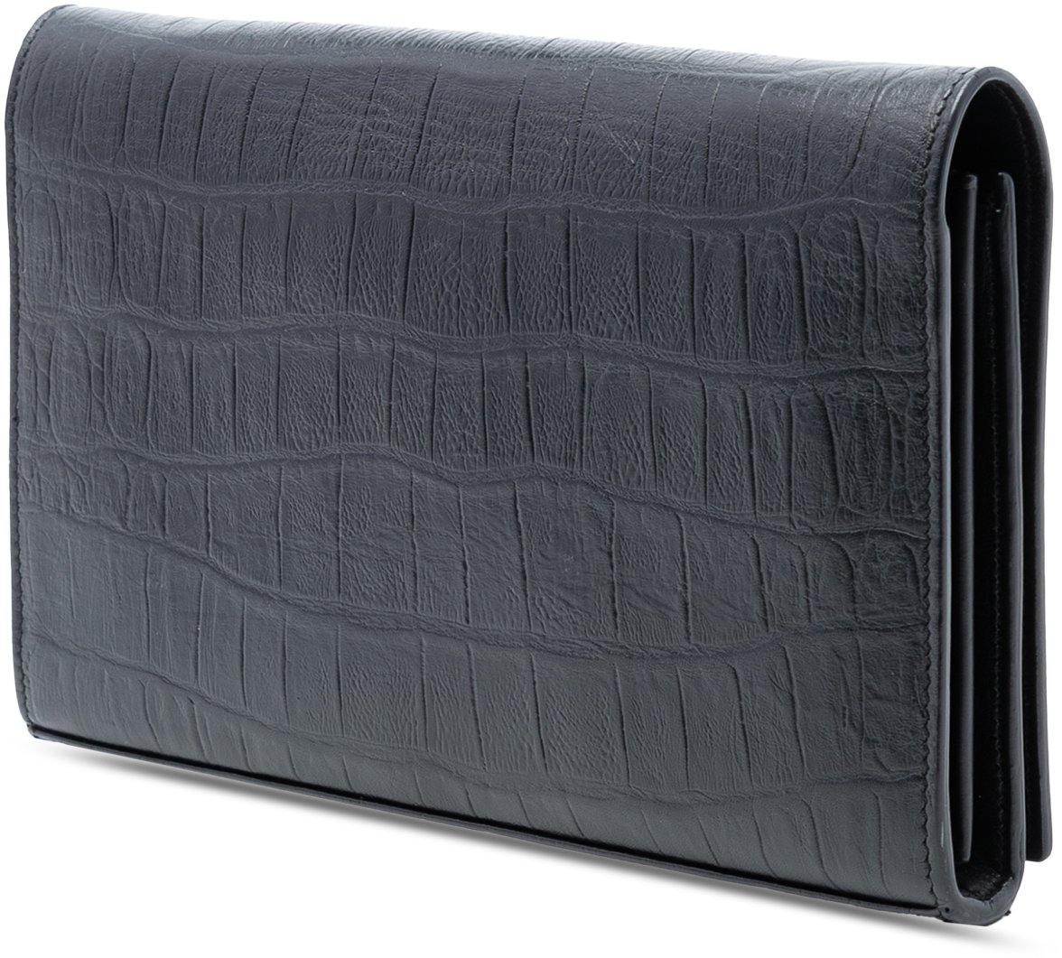 Saint Laurent Croc Embossed Leather Wallet On Chain Zwart