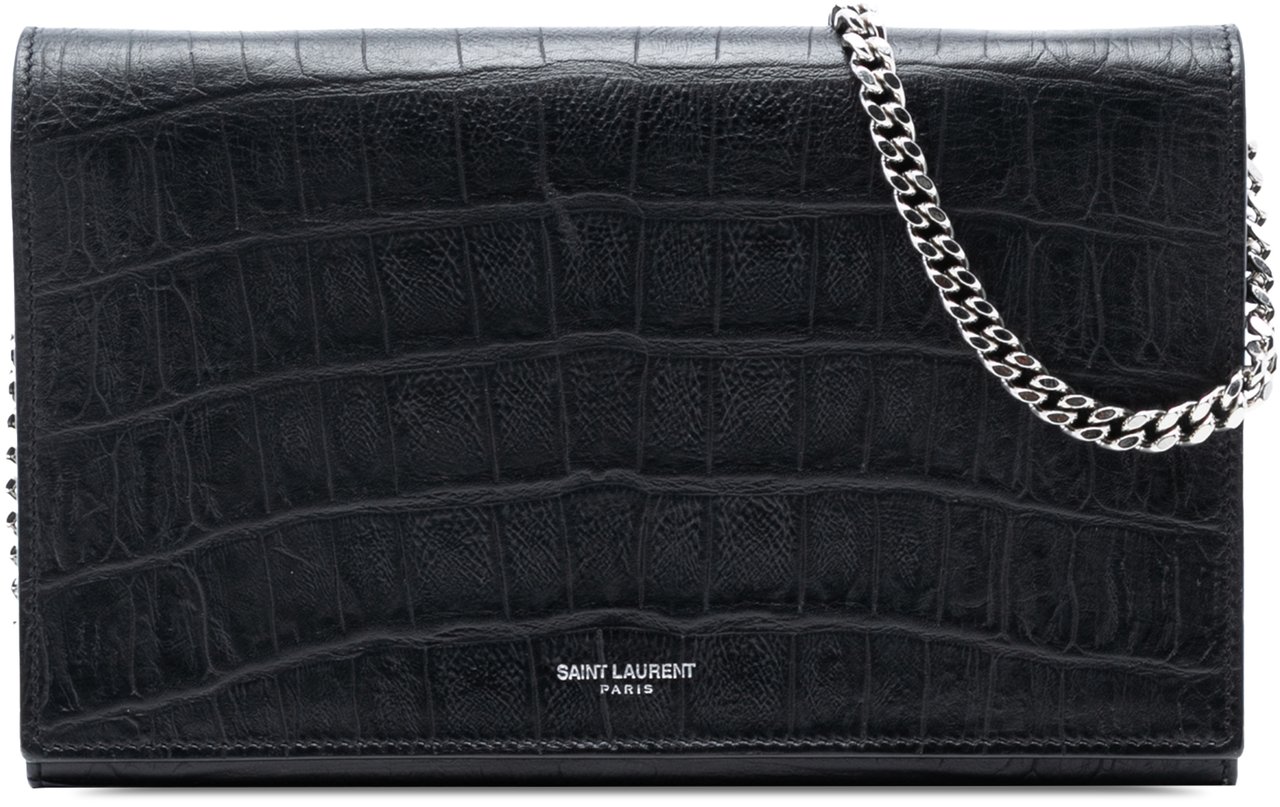 Saint Laurent Croc Embossed Leather Wallet On Chain Zwart