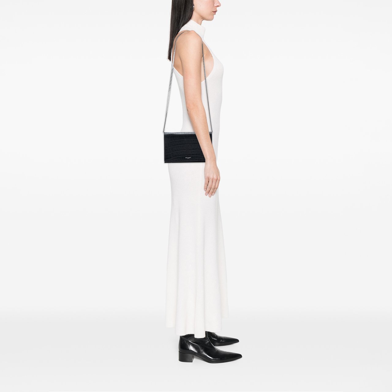 Saint Laurent Croc Embossed Leather Wallet On Chain Zwart