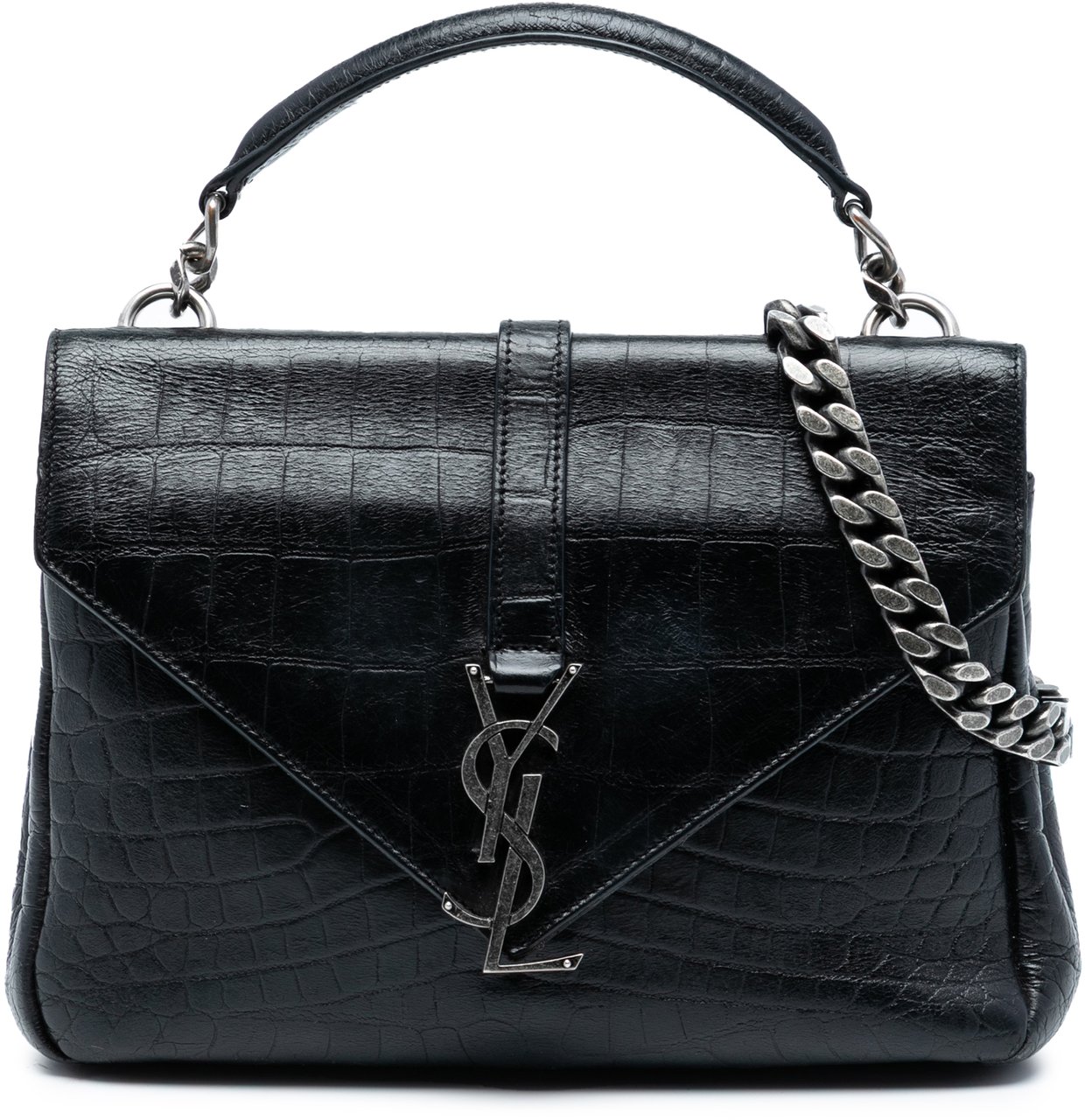 Saint Laurent Medium Croc Embossed Leather College Satchel Zwart