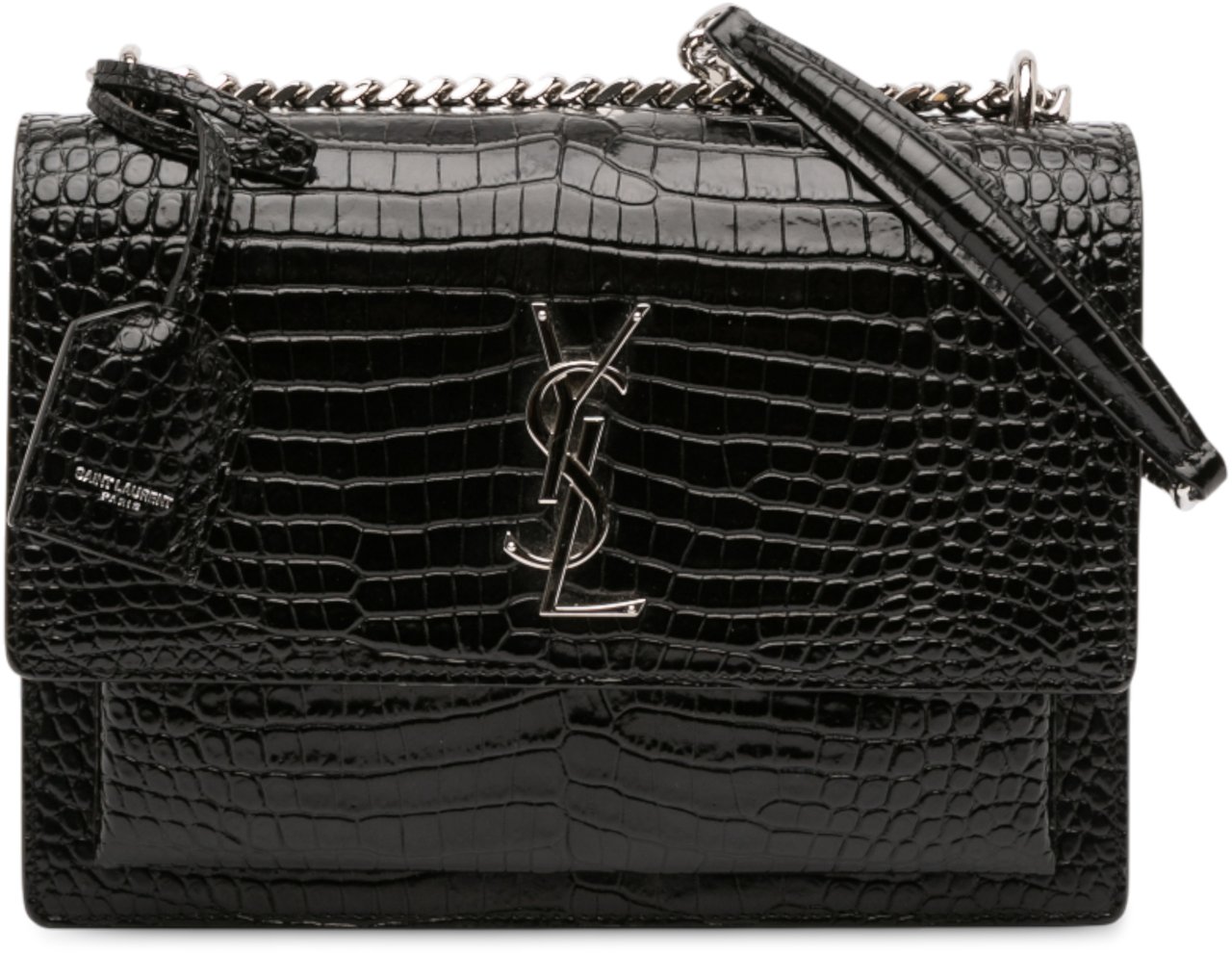 Saint Laurent Medium Croc Embossed Leather Sunset Crossbody Zwart