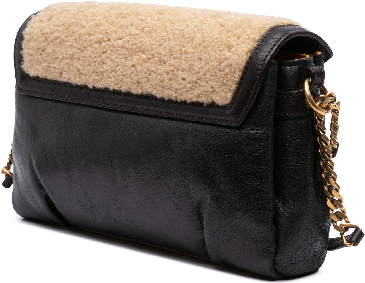 Saint Laurent Shearling Trimmed Leather Sac Dandy Crossbody Zwart