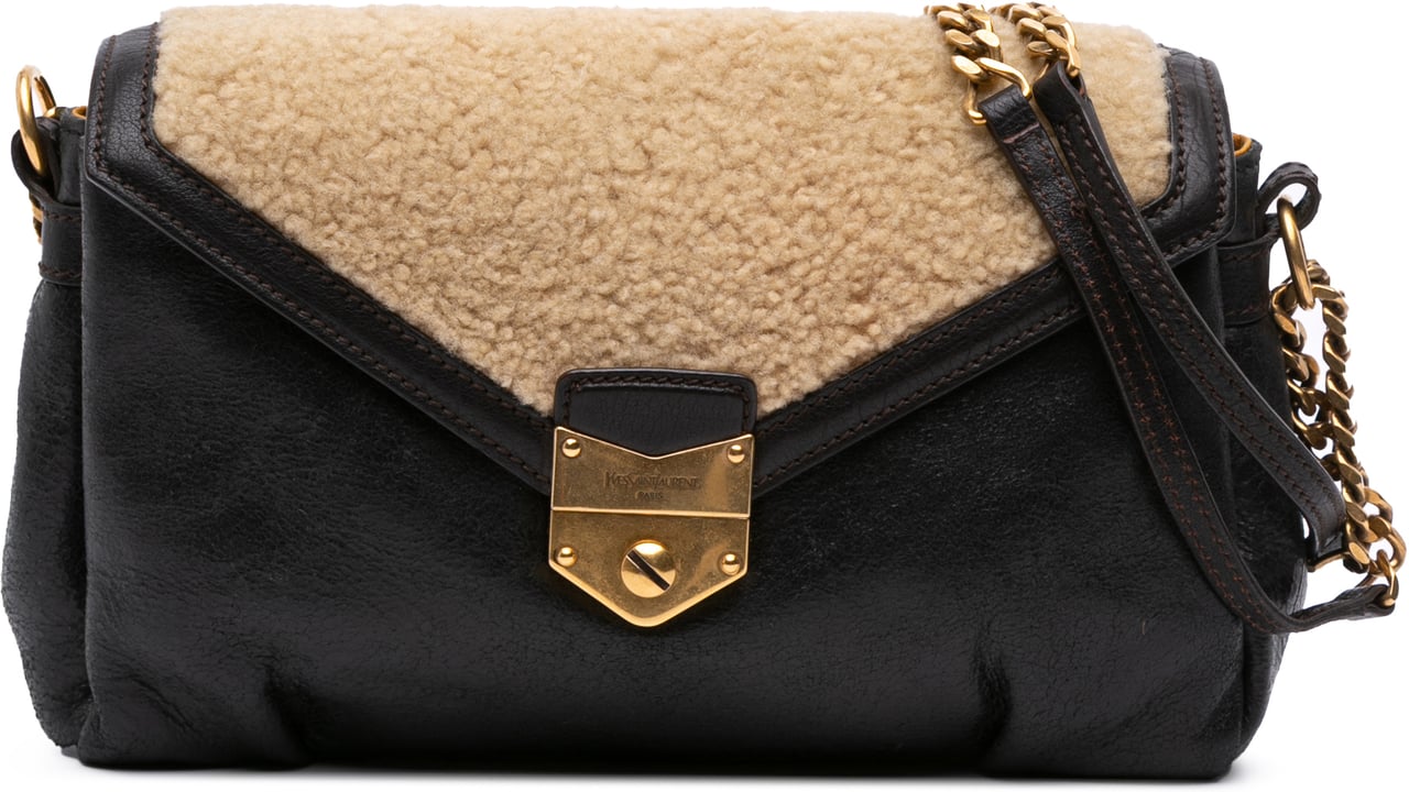 Saint Laurent Shearling Trimmed Leather Sac Dandy Crossbody Zwart
