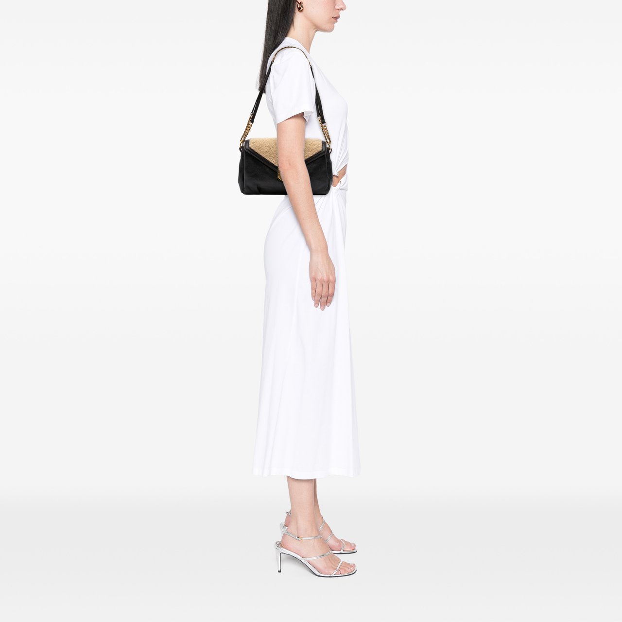Saint Laurent Shearling Trimmed Leather Sac Dandy Crossbody Zwart