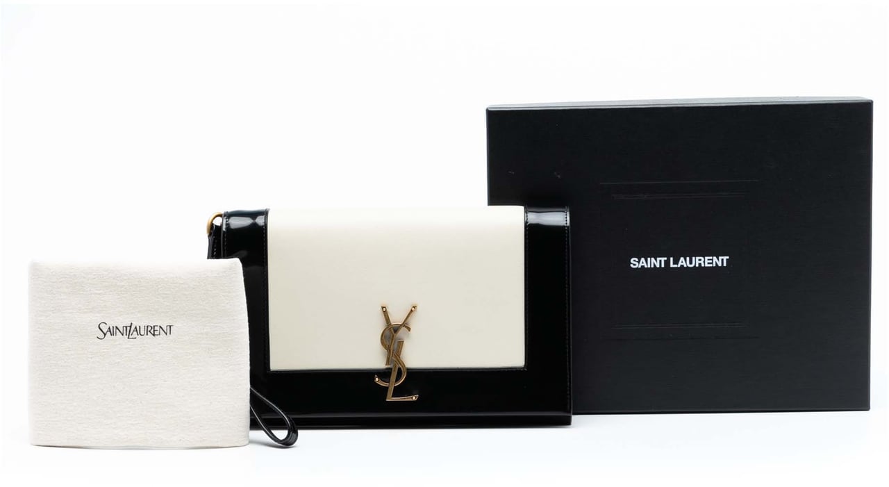Saint Laurent Brushed Leather Trimmed Lambskin Cassandre Flap Pouch Wit