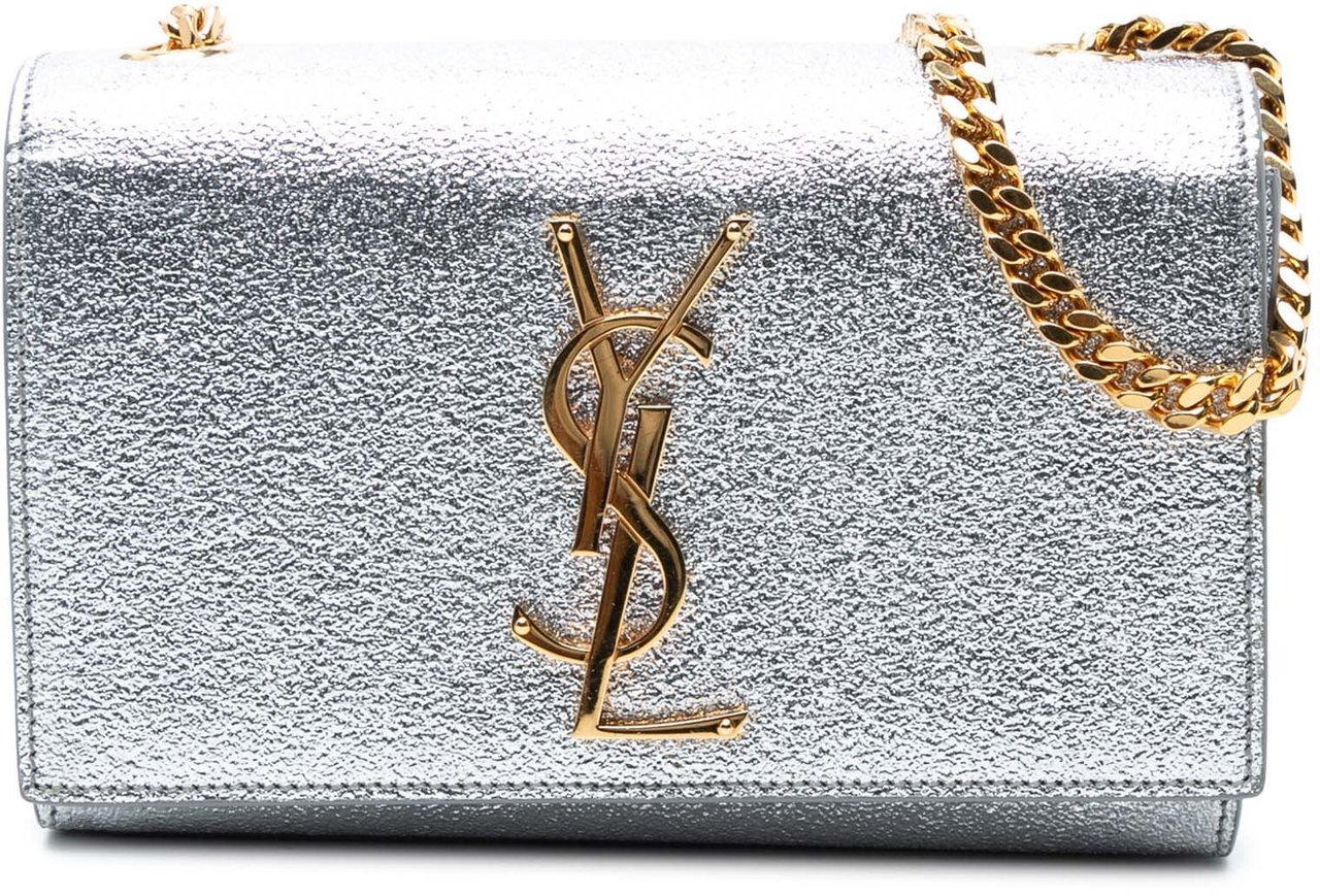 Saint Laurent Small Metallic Calfskin Classic Monogram Kate Crossbody Zilver