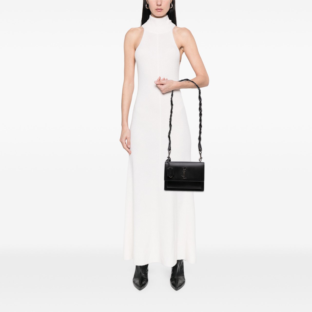 Saint Laurent Medium Leather Monogram Sunset Braided Strap Crossbody Zwart