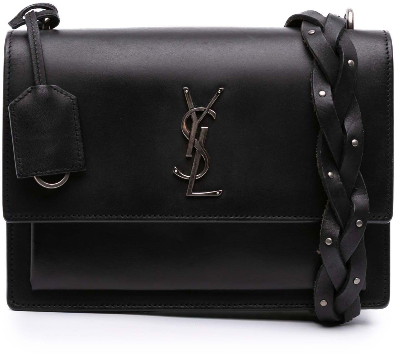 Saint Laurent Medium Leather Monogram Sunset Braided Strap Crossbody Zwart