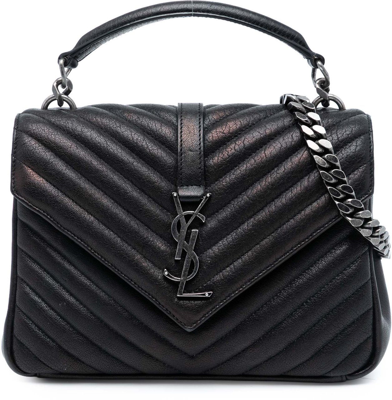 Saint Laurent Medium Chevron Sheepskin Monogram College Satchel Zwart