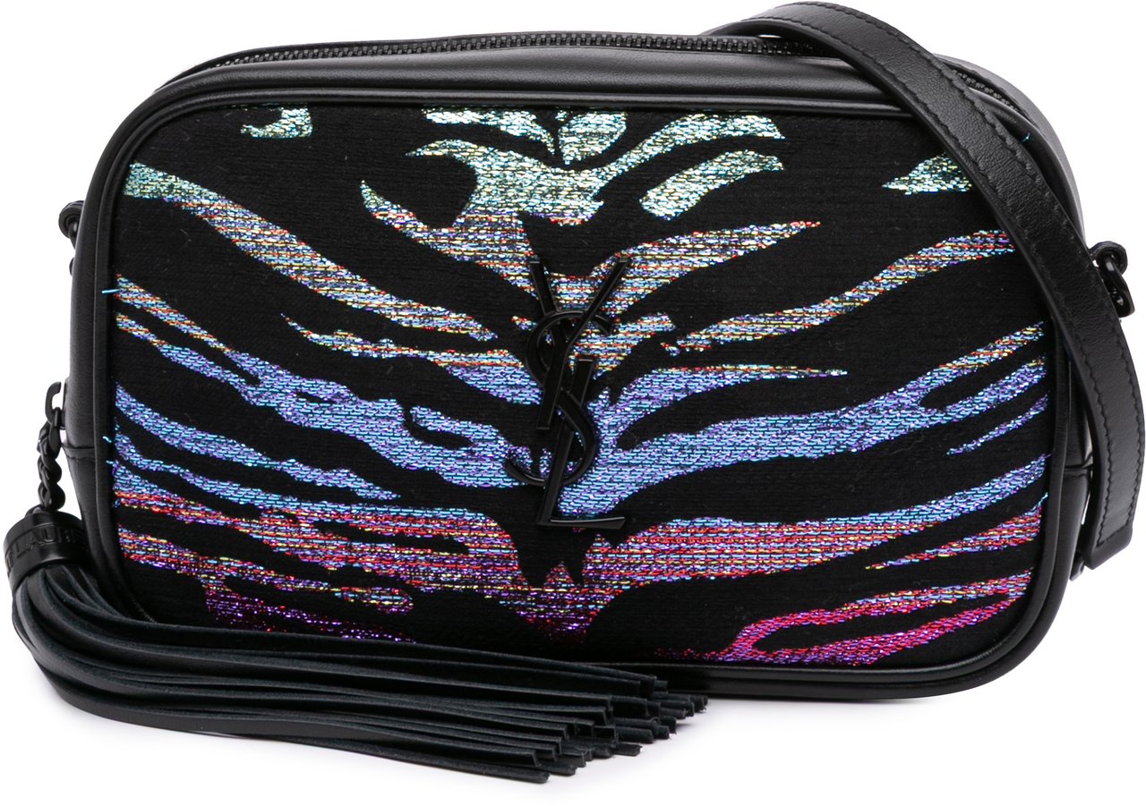 Saint Laurent Canvas Metallic Tiger Print Monogram Lou Camera Bag Zwart