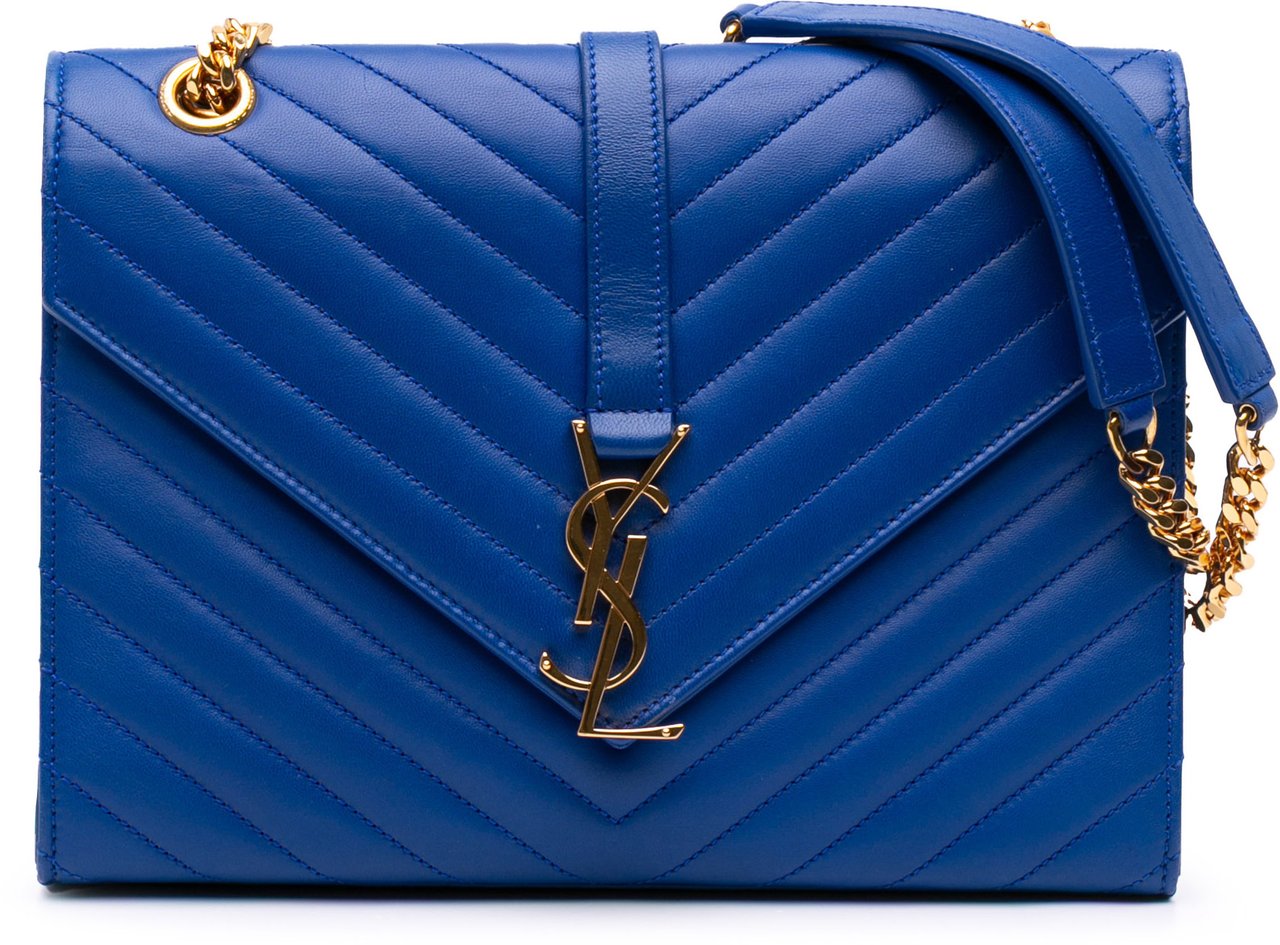 Saint Laurent Medium Matelasse Lambskin Monogram Envelope Shoulder Bag Blauw