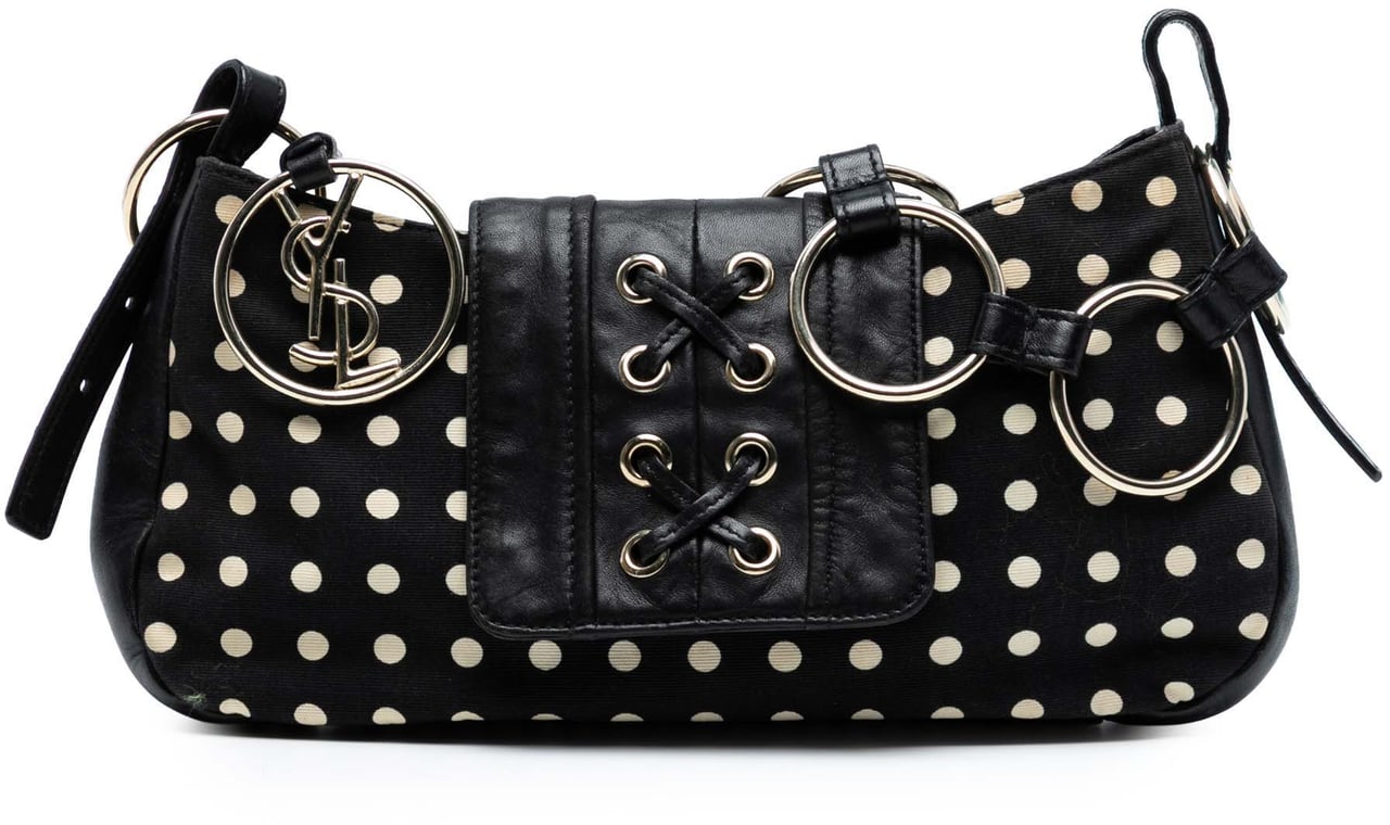 Saint Laurent Polka Dot Print Canvas Saharienne Shoulder Bag Zwart