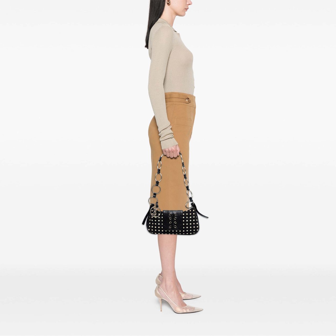 Saint Laurent Polka Dot Print Canvas Saharienne Shoulder Bag Zwart