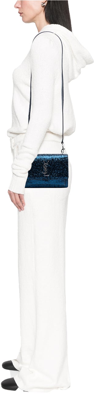 Saint Laurent Small Glittered Leather Monogram Sunset Crossbody Blauw