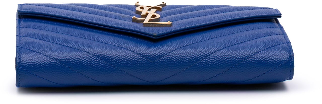 Saint Laurent Grain De Poudre Matelasse Chevron Monogram Flap Wallet Blauw