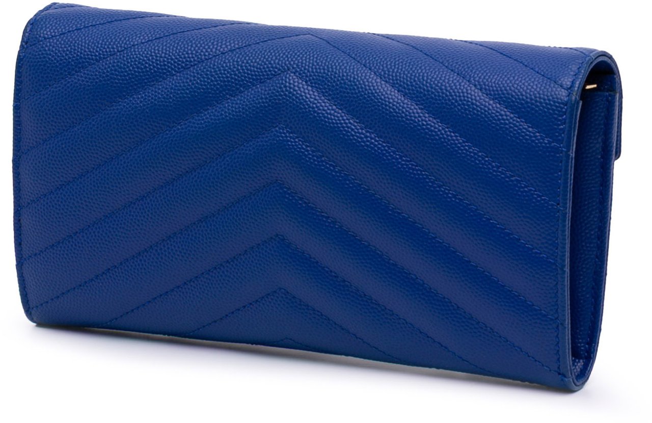 Saint Laurent Grain De Poudre Matelasse Chevron Monogram Flap Wallet Blauw