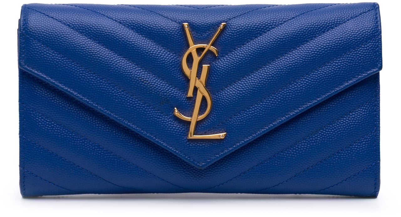 Saint Laurent Grain De Poudre Matelasse Chevron Monogram Flap Wallet Blauw