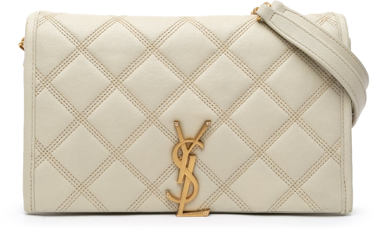 Saint Laurent Quilted Lambskin Diamond Becky Chain Wallet Wit