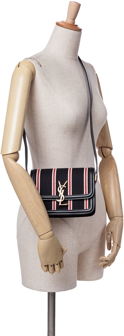 Saint Laurent Small Canvas Striped Solferino Satchel In Box Zwart
