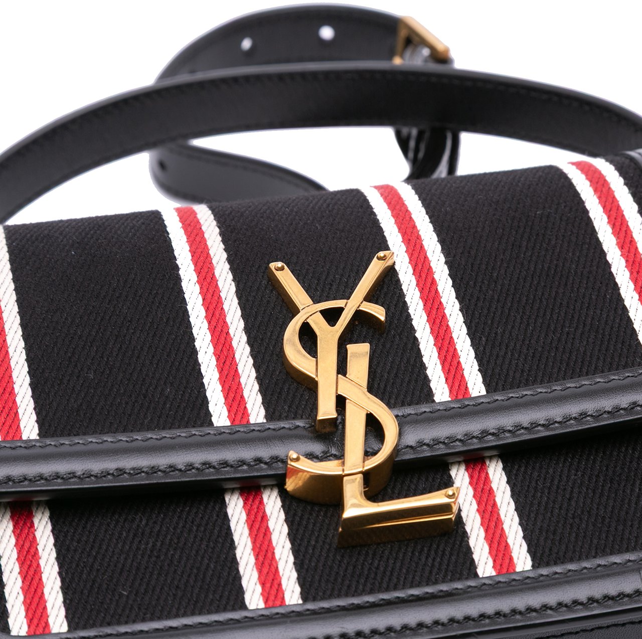 Saint Laurent Small Canvas Striped Solferino Satchel In Box Zwart