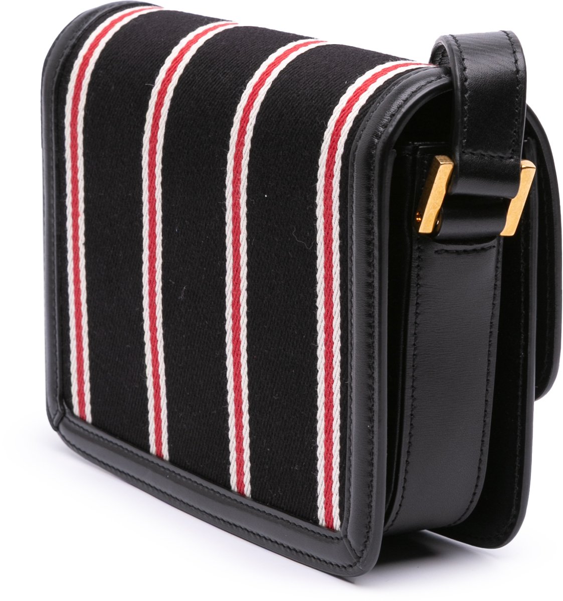 Saint Laurent Small Canvas Striped Solferino Satchel In Box Zwart