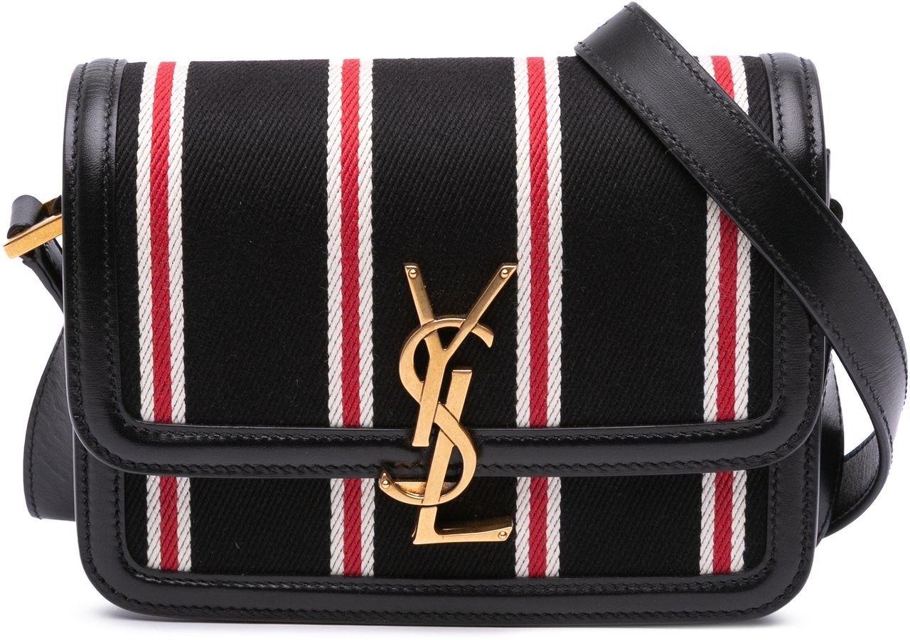 Saint Laurent Small Canvas Striped Solferino Satchel In Box Zwart