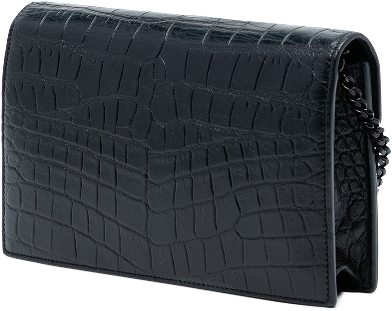 Saint Laurent Croc Embossed Leather Monogram Monochrome Envelope Chain Wallet Zwart