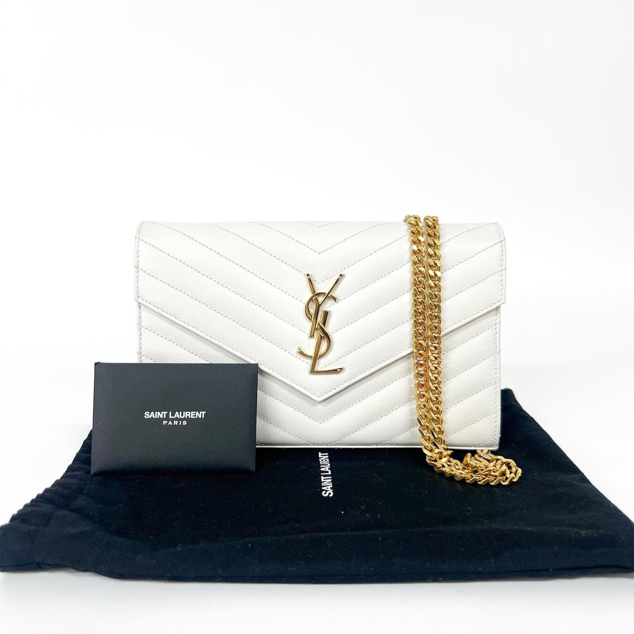 Saint Laurent Classic Monogram Flap Wallet Matelasse Chevron Leather Large Wit