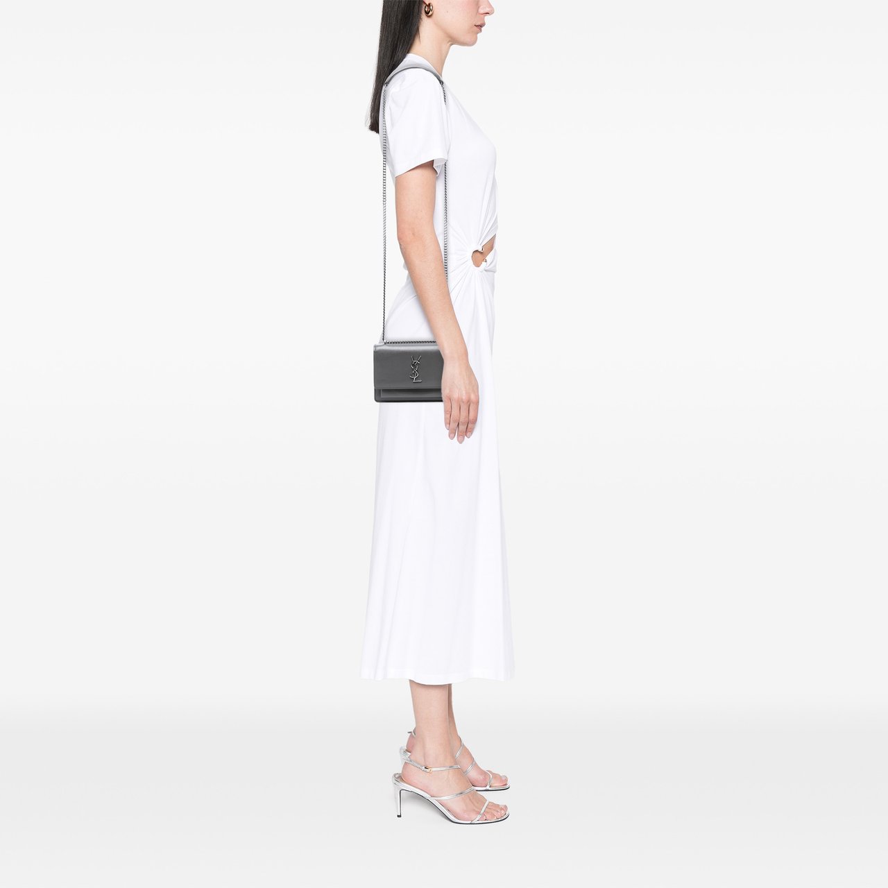 Saint Laurent Small Leather Monogram Sunset Crossbody Grijs