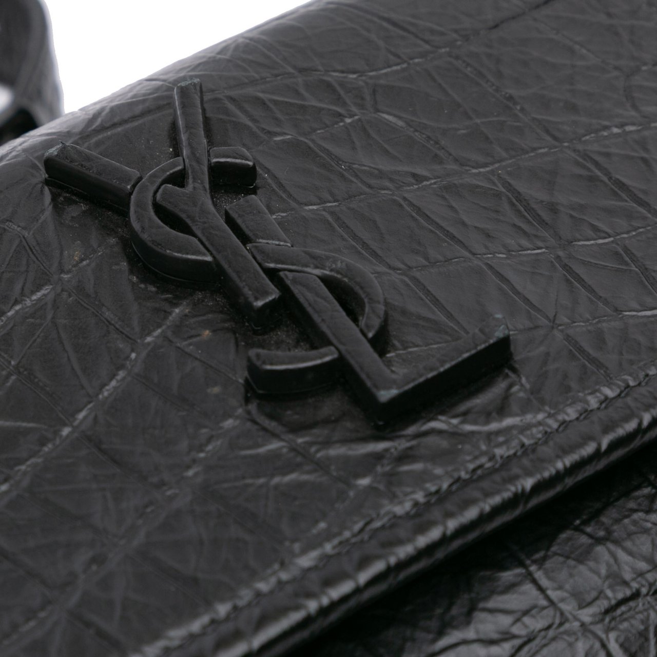 Saint Laurent Baby Crocodile Embossed Leather Monogram Niki Shoulder Bag Zwart