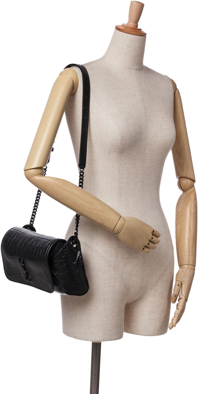 Saint Laurent Baby Crocodile Embossed Leather Monogram Niki Shoulder Bag Zwart
