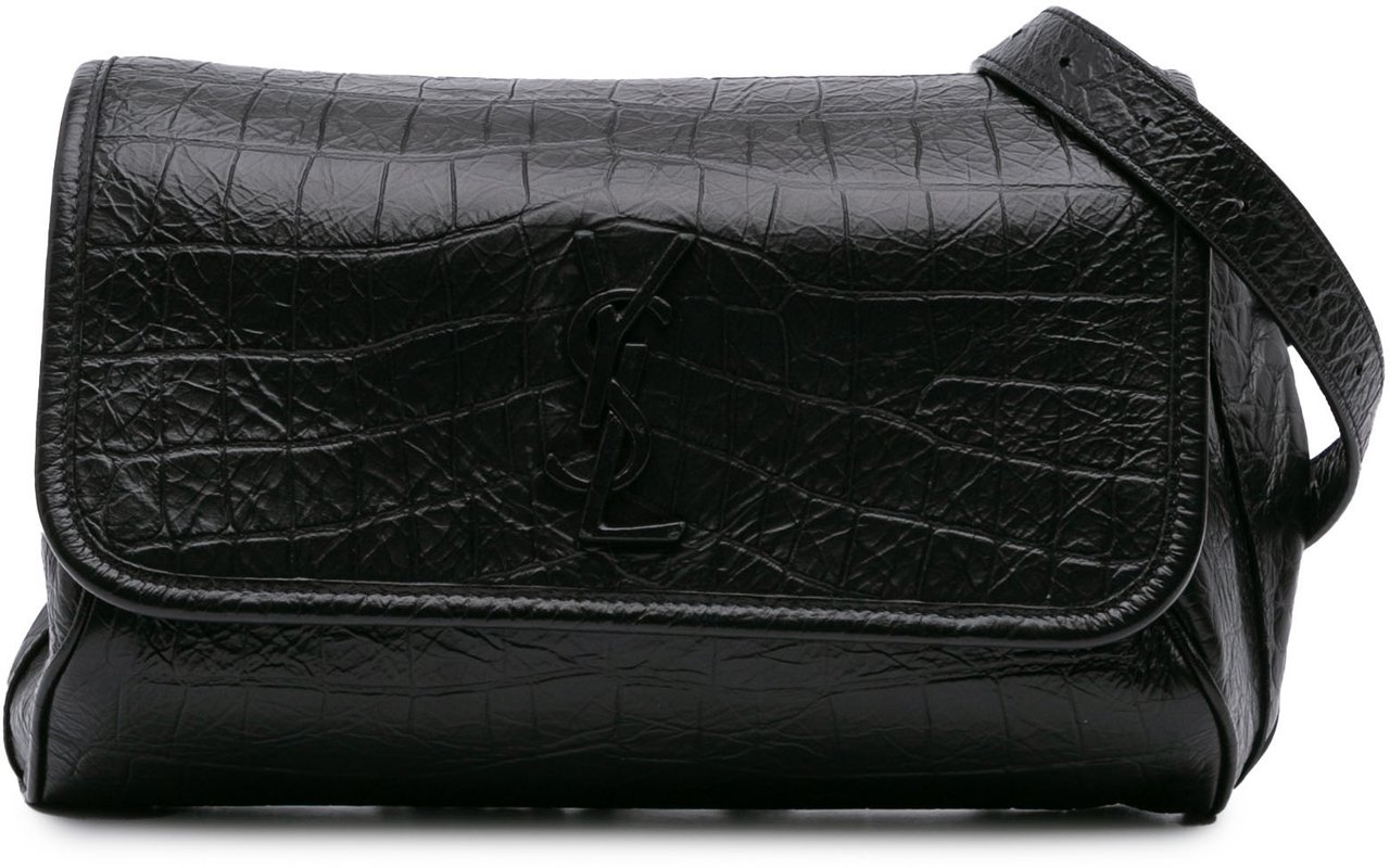 Saint Laurent Baby Crocodile Embossed Leather Monogram Niki Shoulder Bag Zwart