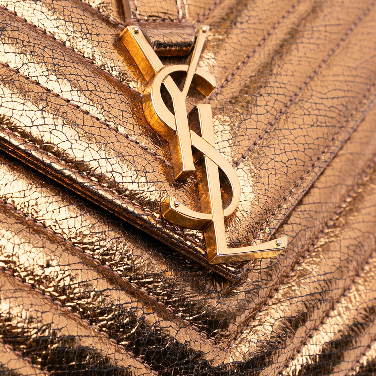 Saint Laurent Medium Metallic Calfskin Chevron Monogram College Bag Bruin