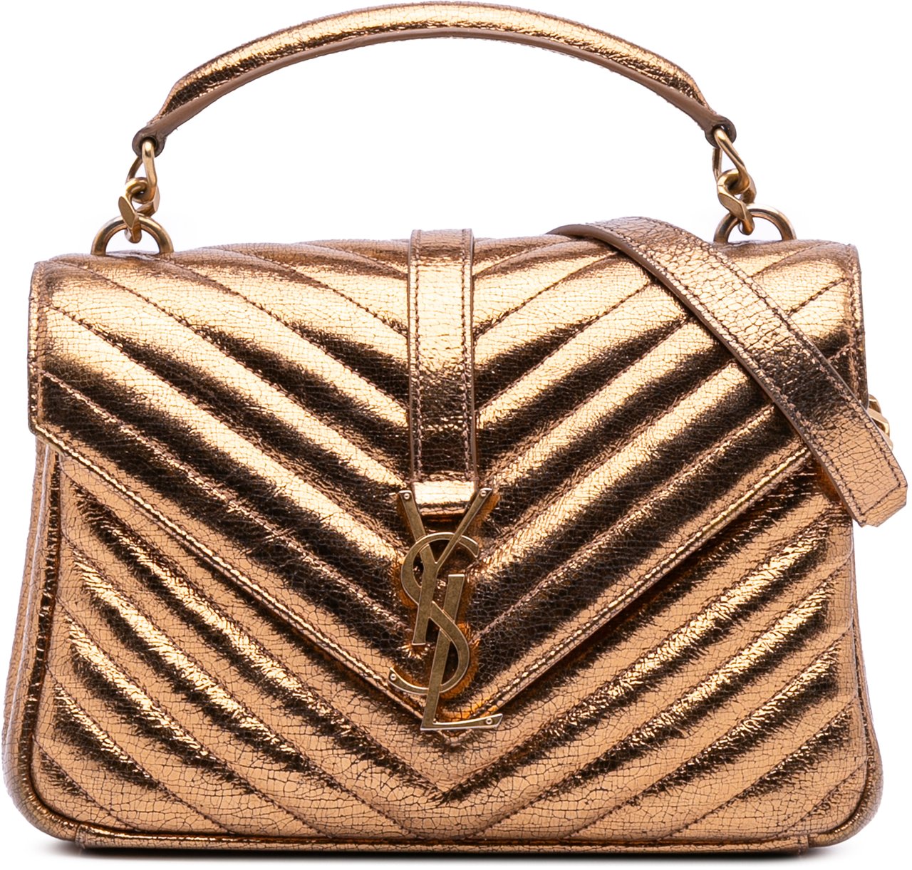 Saint Laurent Medium Metallic Calfskin Chevron Monogram College Bag Bruin