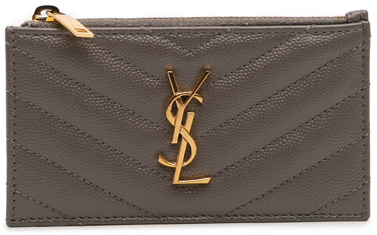 Saint Laurent Grain De Poudre Chevron Monogram Fragments Zippered Card Case Grijs