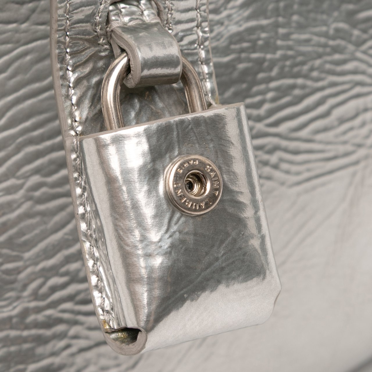Saint Laurent Nano Metallic Crinkled Calfskin Supple Sac De Jour Satchel Zilver