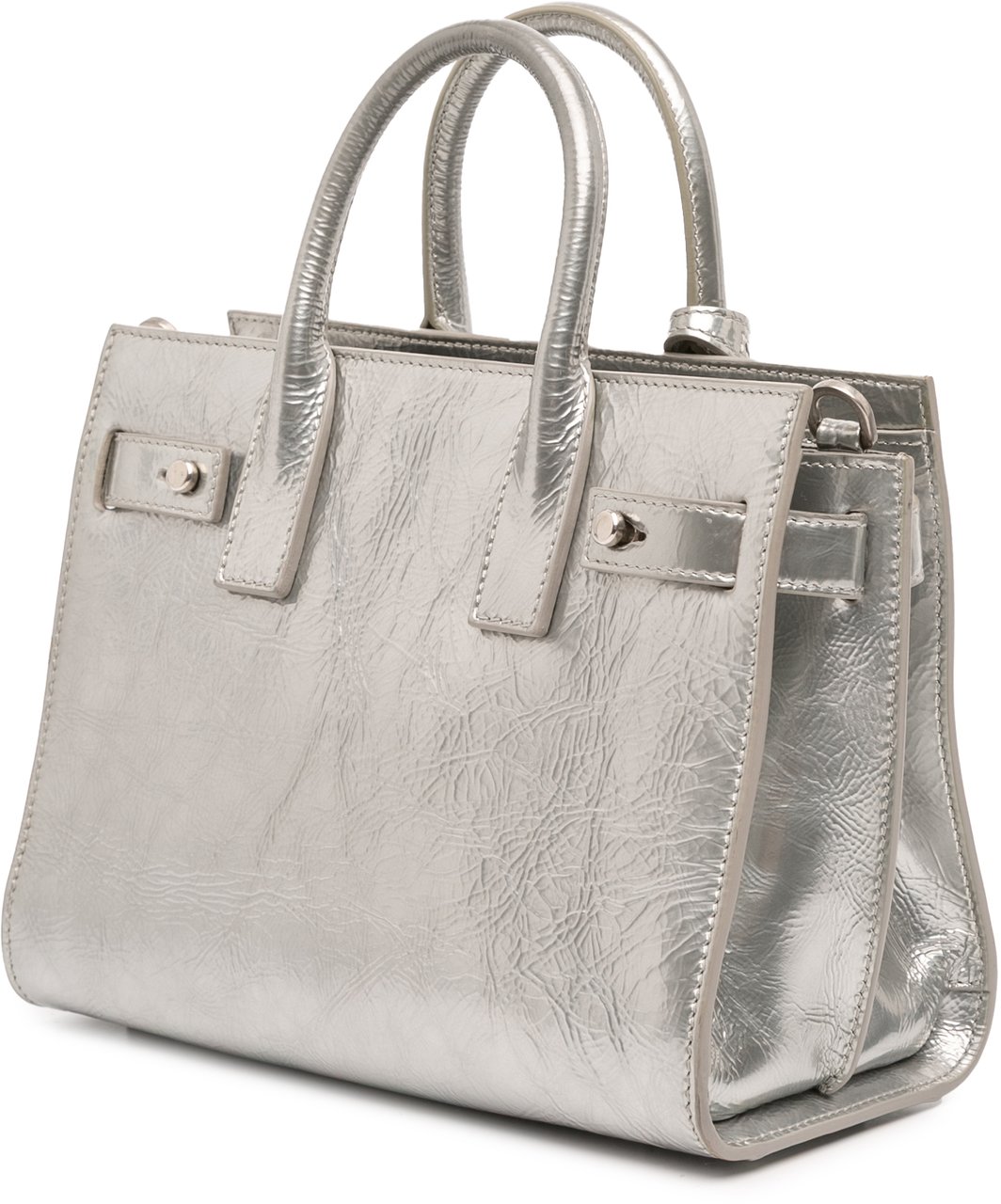 Saint Laurent Nano Metallic Crinkled Calfskin Supple Sac De Jour Satchel Zilver