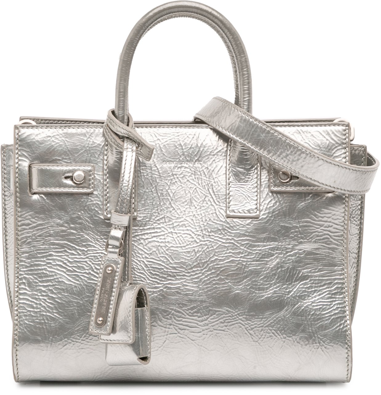 Saint Laurent Nano Metallic Crinkled Calfskin Supple Sac De Jour Satchel Zilver