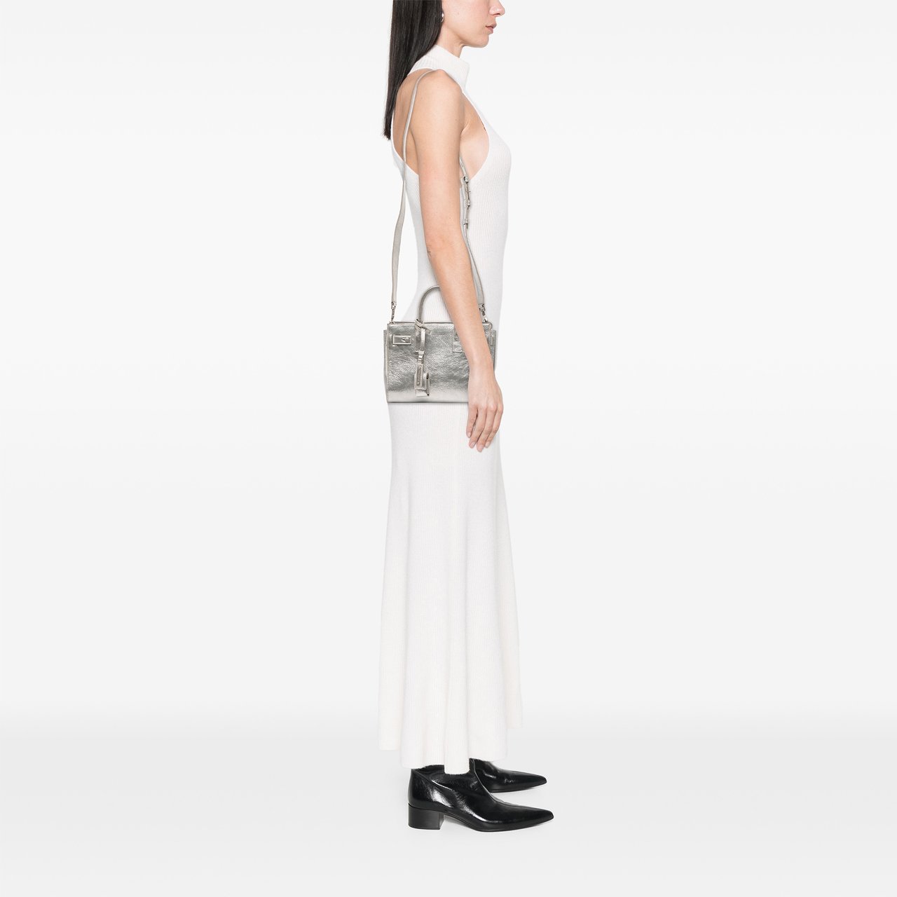Saint Laurent Nano Metallic Crinkled Calfskin Supple Sac De Jour Satchel Zilver