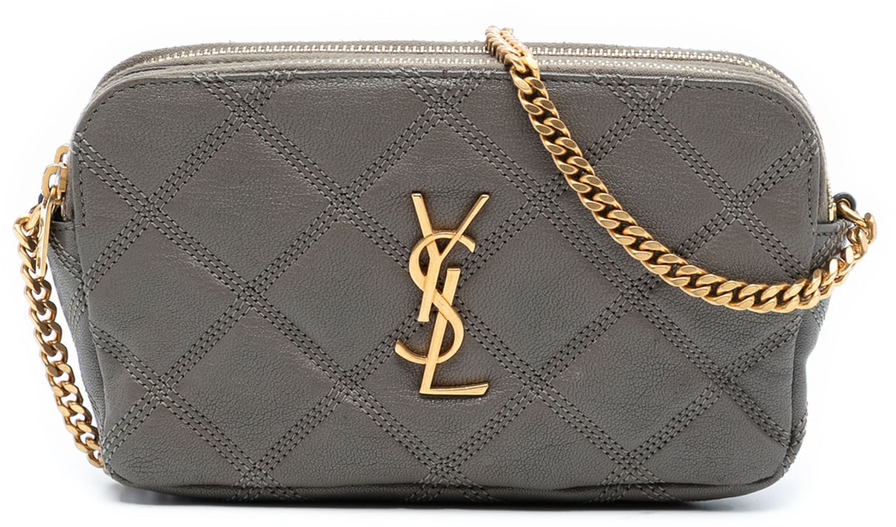 Saint Laurent Mini Quilted Lambskin Becky Double Zip Crossbody Grijs