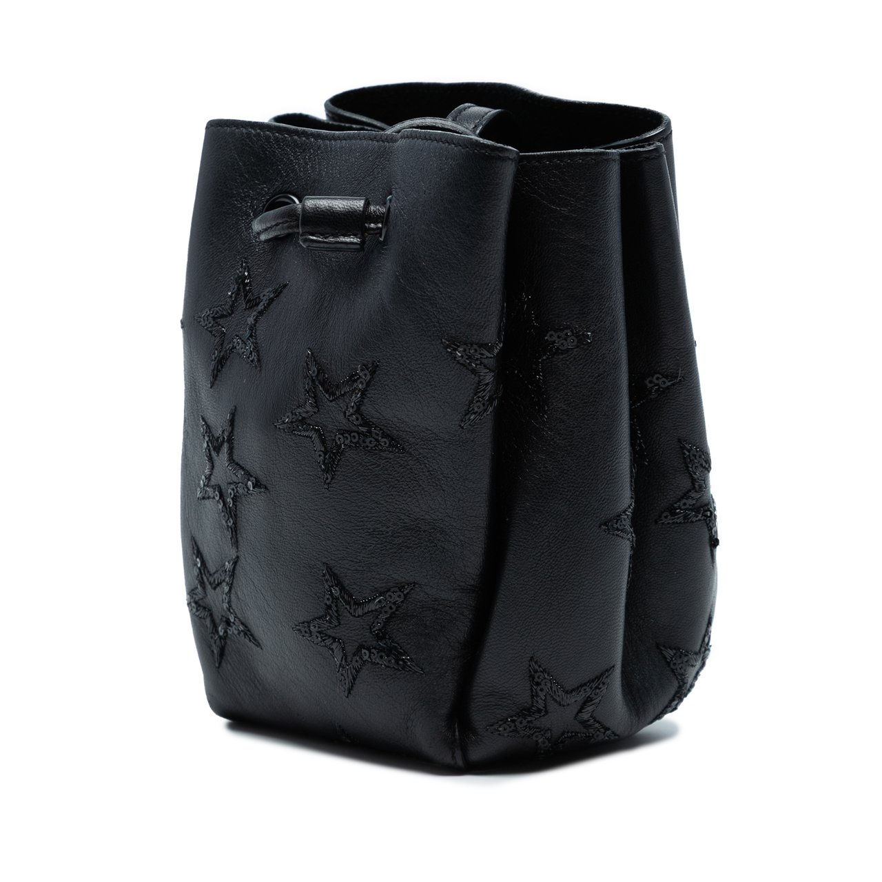 Saint Laurent Mini Leather Embroidered Star Tassel Bucket Bag Zwart