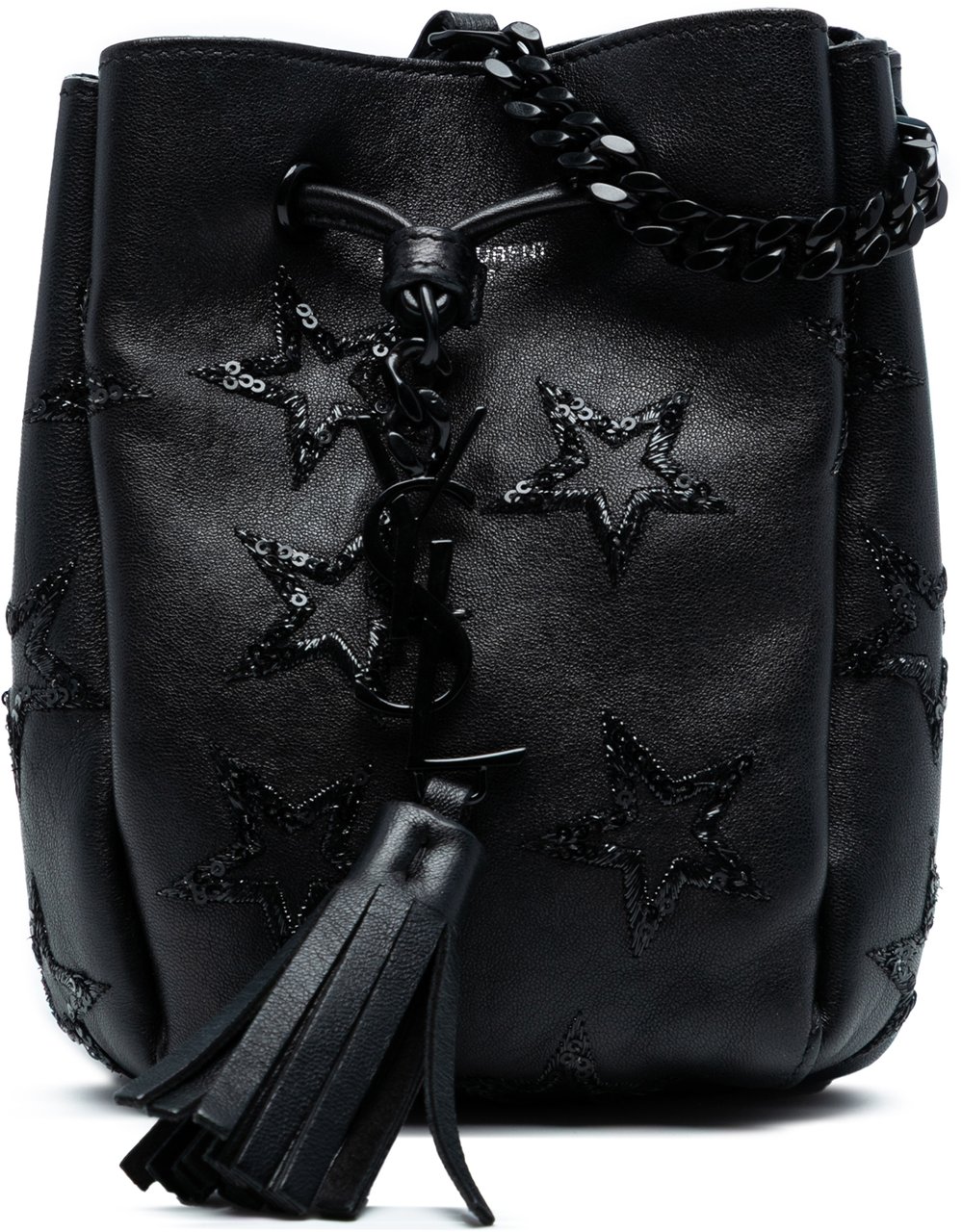 Saint Laurent Mini Leather Embroidered Star Tassel Bucket Bag Zwart