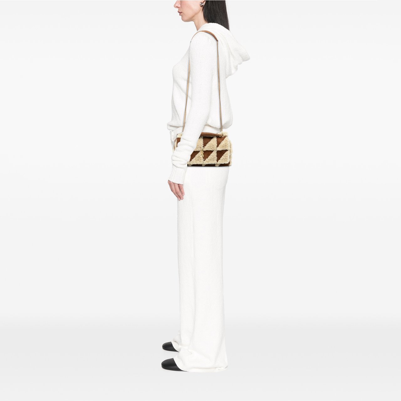 Saint Laurent Medium Suede and Shearling Patchwork Jamie Shoulder Bag Bruin