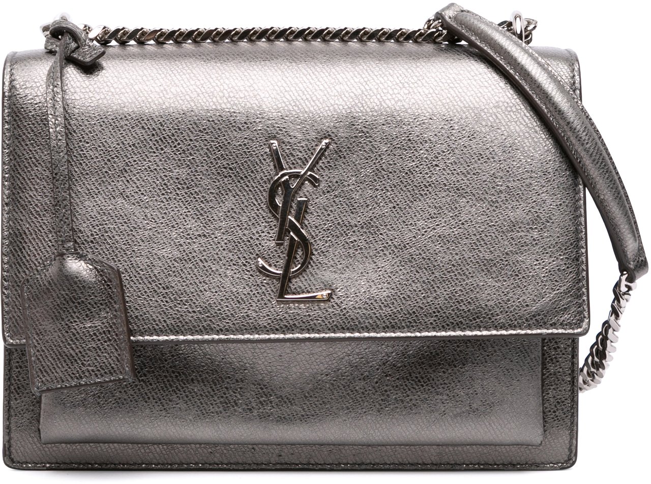 Saint Laurent Medium Metallic Leather Monogram Sunset Crossbody Zilver