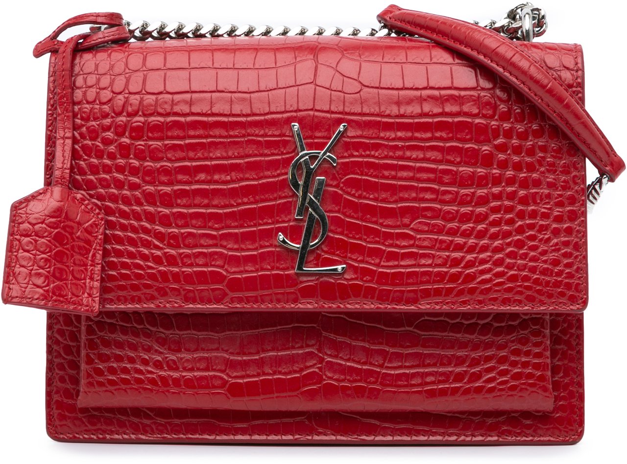 Saint Laurent Medium Croc Embossed Leather Sunset Crossbody Rood