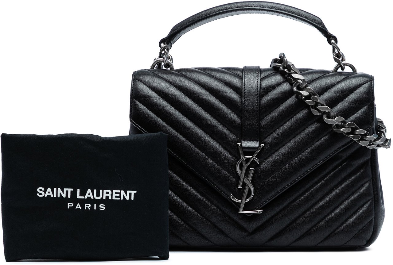 Saint Laurent Medium Chevron Sheepskin Monogram College Satchel Zwart