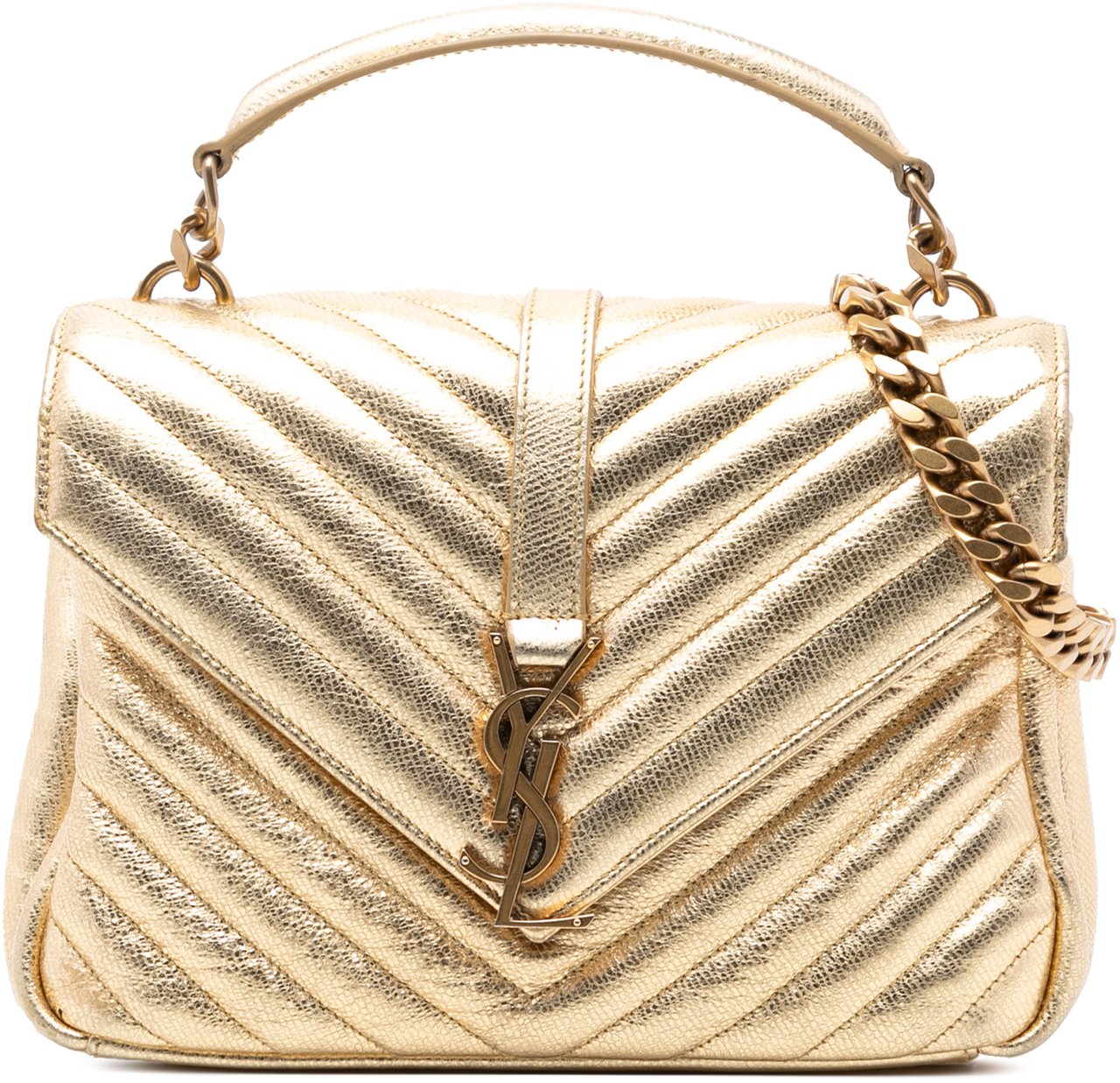 Saint Laurent Medium Metallic Calfskin Chevron Monogram College Bag Goud