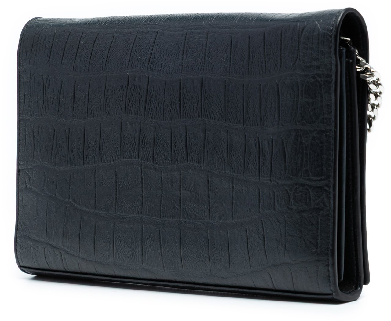 Saint Laurent Croc Embossed Leather Wallet On Chain Zwart